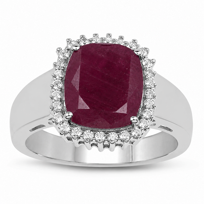 5.28 Ct Cushion Pink Ruby Prong Silver Halo Ring