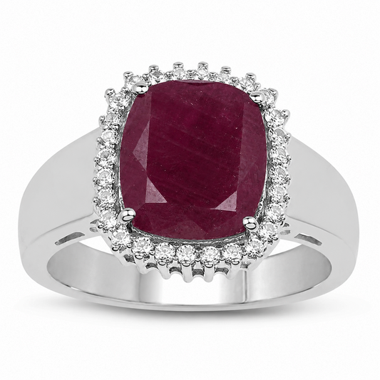 5.28 Ct Cushion Pink Ruby Prong Silver Halo Ring