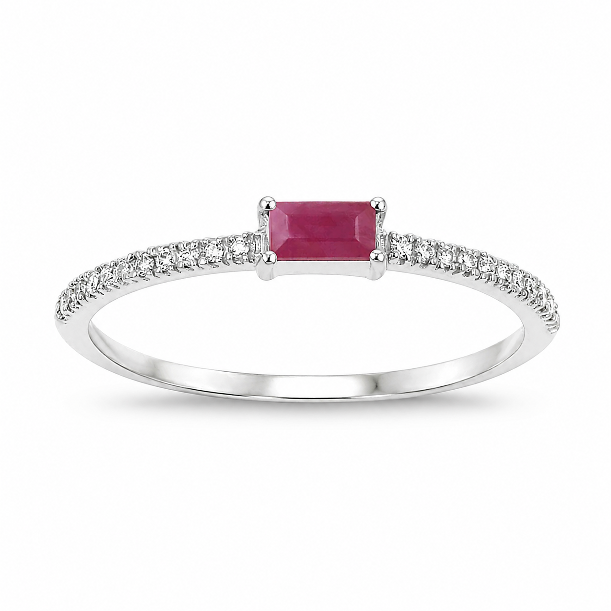 0.16 Ct Baguette Pink Ruby & Diamond Prong 14K White Gold Stackable Pave Ring