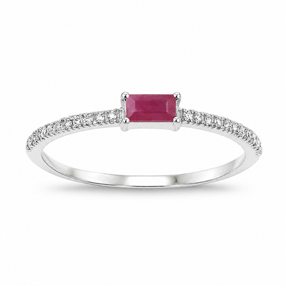 0.16 Ct Baguette Pink Ruby & Diamond Prong 14K White Gold Stackable Pave Ring