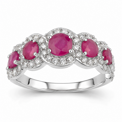 1.45 Ct Round Pink Ruby & Diamond Prong 14K White Gold Five Stone Halo Ring