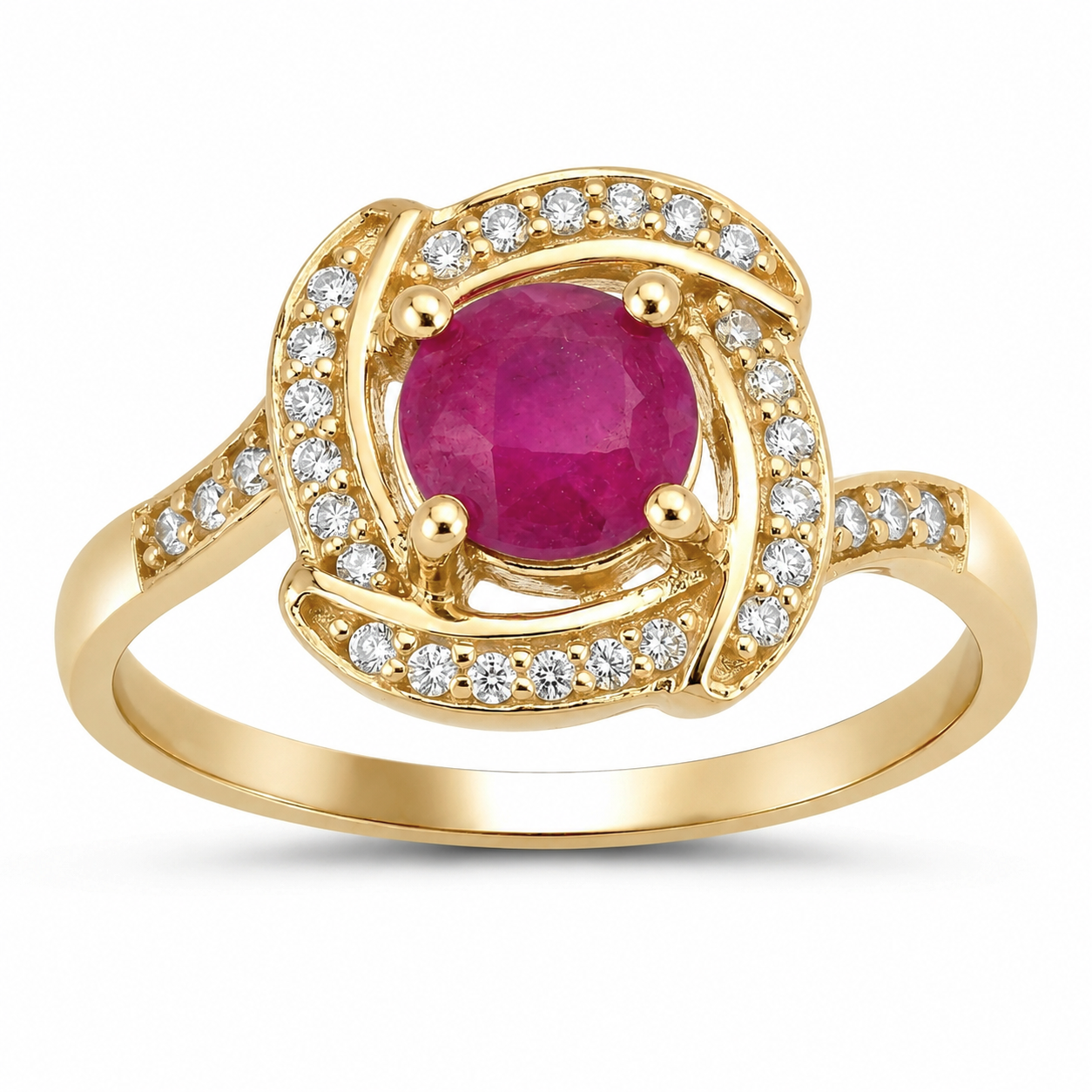 0.55 Ct Round Pink Ruby & Diamond Prong 14K Yellow Gold Halo Bypass Ring