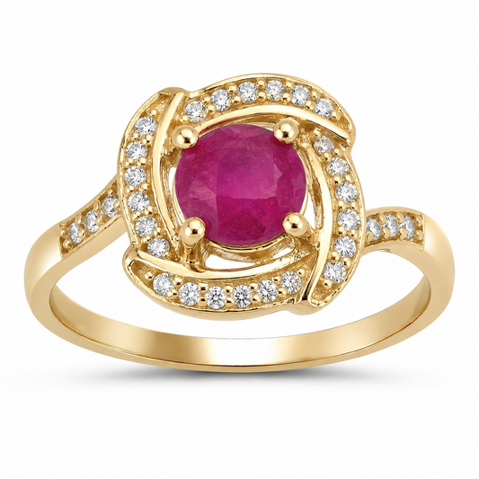 0.55 Ct Round Pink Ruby & Diamond Prong 14K Yellow Gold Halo Bypass Ring