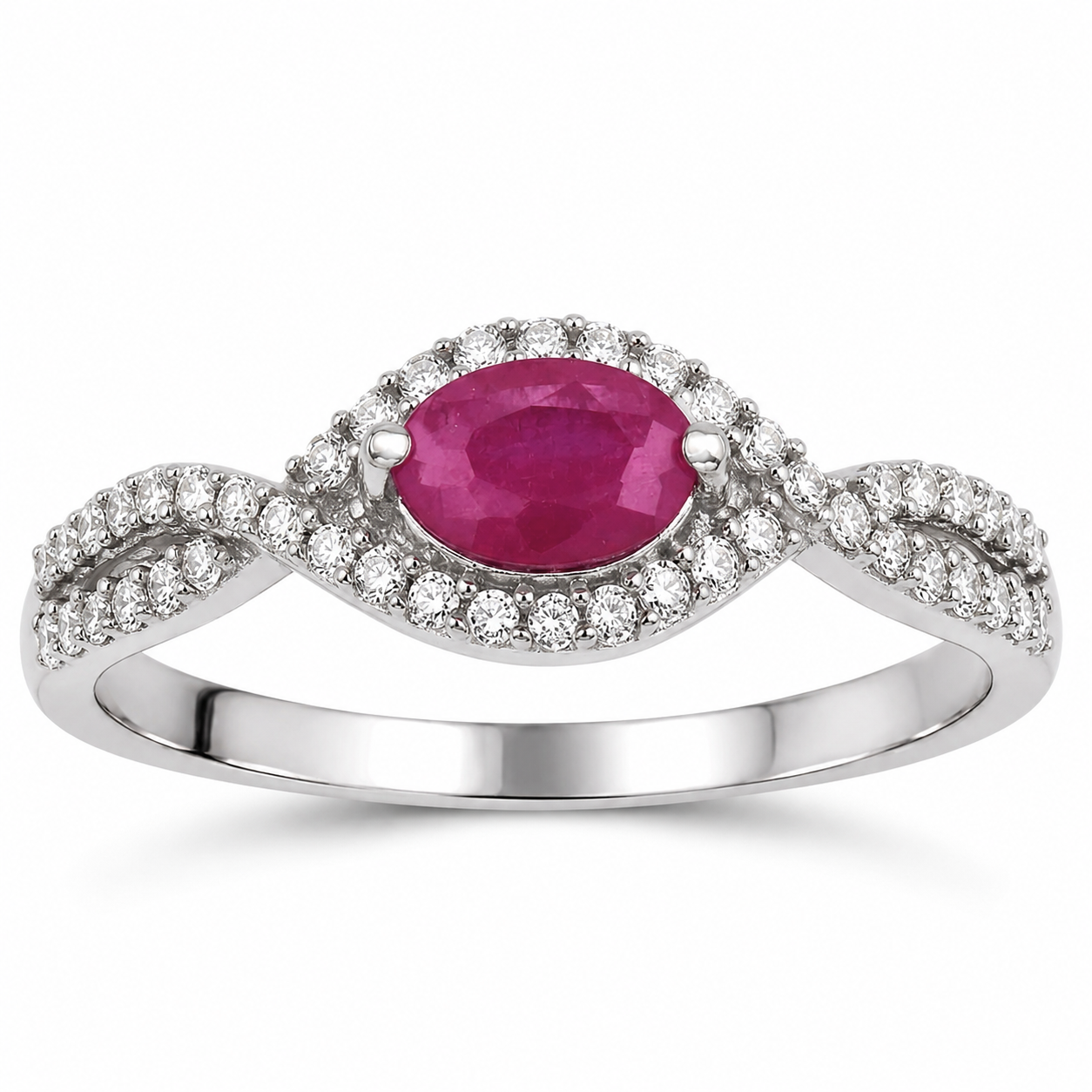 0.27 Ct Oval Pink Ruby & White Diamond Prong 14K White Gold Crossover Halo Ring