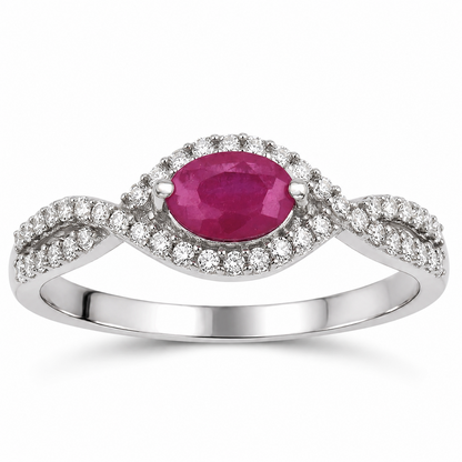 0.27 Ct Oval Pink Ruby & White Diamond Prong 14K White Gold Crossover Halo Ring