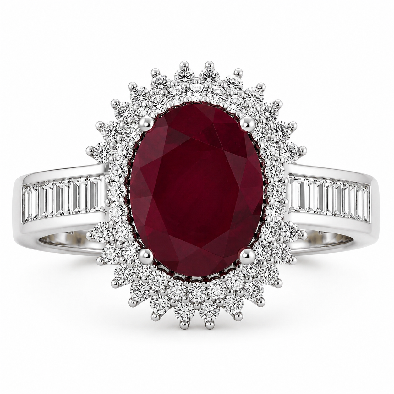 2.30 Ct Oval Pink Ruby & White Diamond Prong 14K White Gold Halo Cocktail Ring