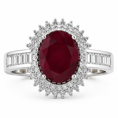 2.30 Ct Oval Pink Ruby & White Diamond Prong 14K White Gold Halo Cocktail Ring