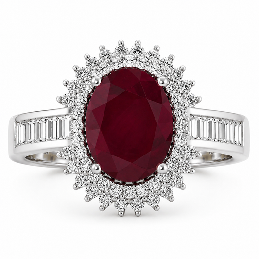 2.30 Ct Oval Pink Ruby & White Diamond Prong 14K White Gold Halo Cocktail Ring