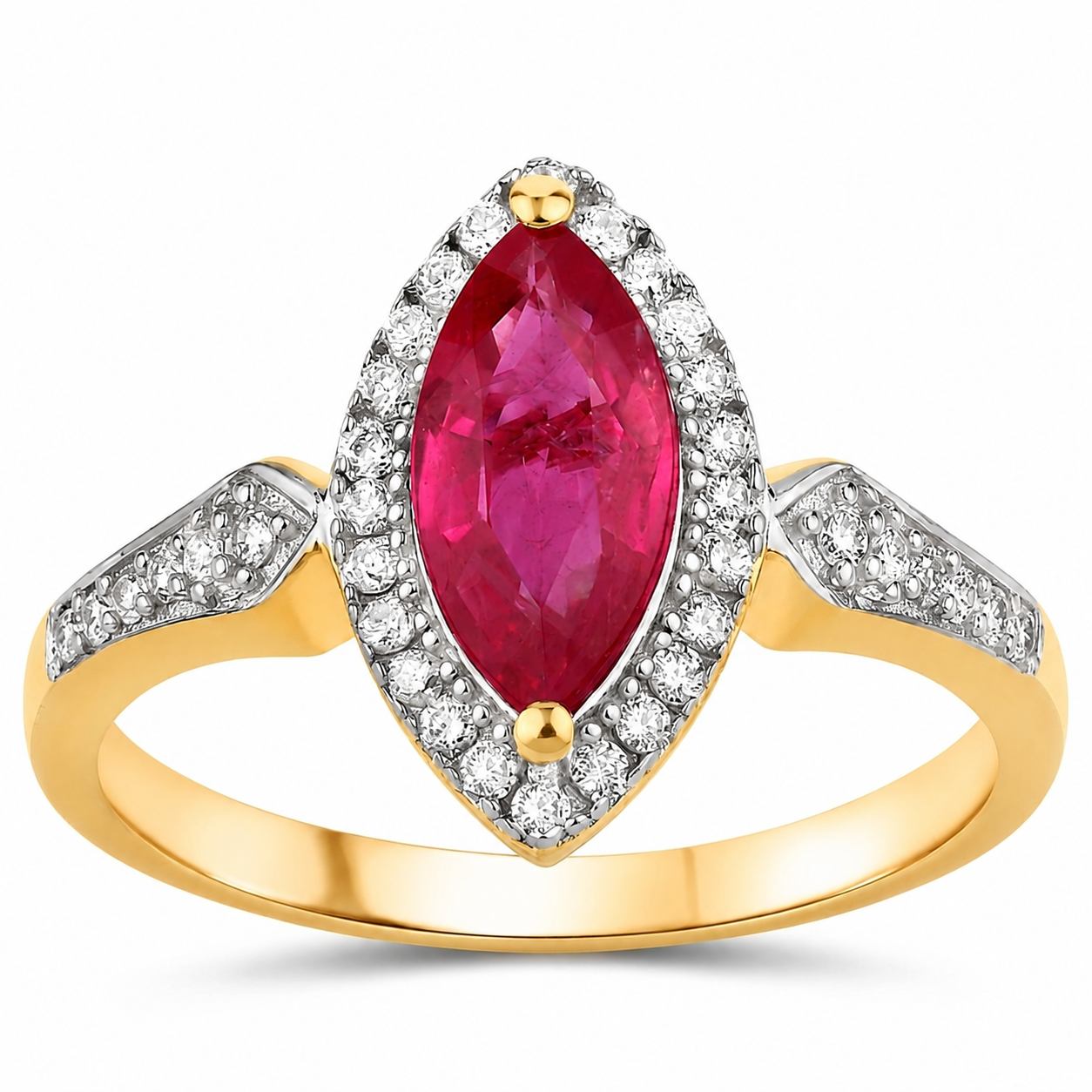 0.79 Ct Marquise Pink Ruby & White Diamond Prong 14K Yellow Gold Halo Ring