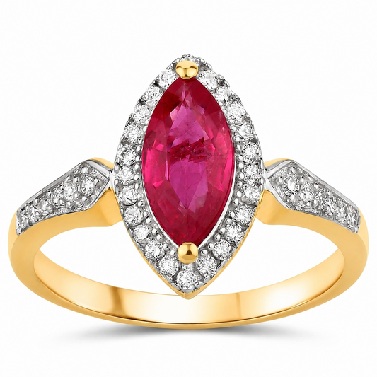 0.79 Ct Marquise Pink Ruby & White Diamond Prong 14K Yellow Gold Halo Ring