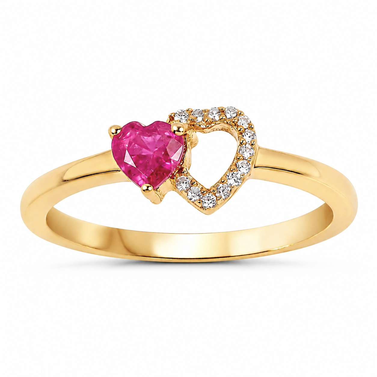 0.27 Ct Heart Pink Ruby & Diamond Prong 10K Yellow Gold Pave Double Heart Ring