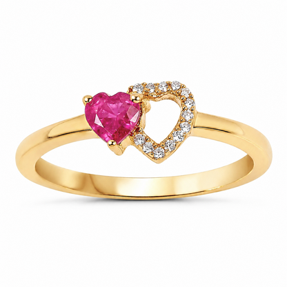 0.27 Ct Heart Pink Ruby & Diamond Prong 10K Yellow Gold Pave Double Heart Ring
