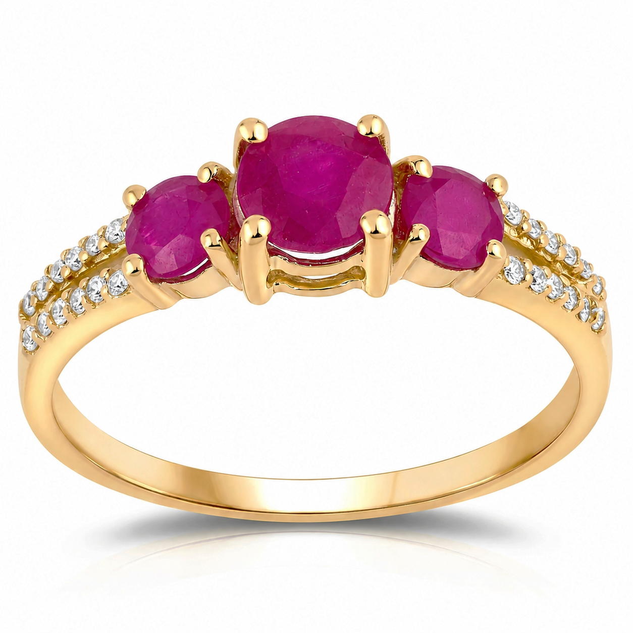 0.95 Ct Round Pink Ruby & Diamond Prong 14K Yellow Gold Pave Three Stone Split Shank Ring
