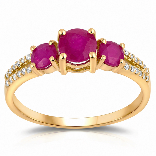 0.95 Ct Round Pink Ruby & Diamond Prong 14K Yellow Gold Pave Three Stone Split Shank Ring