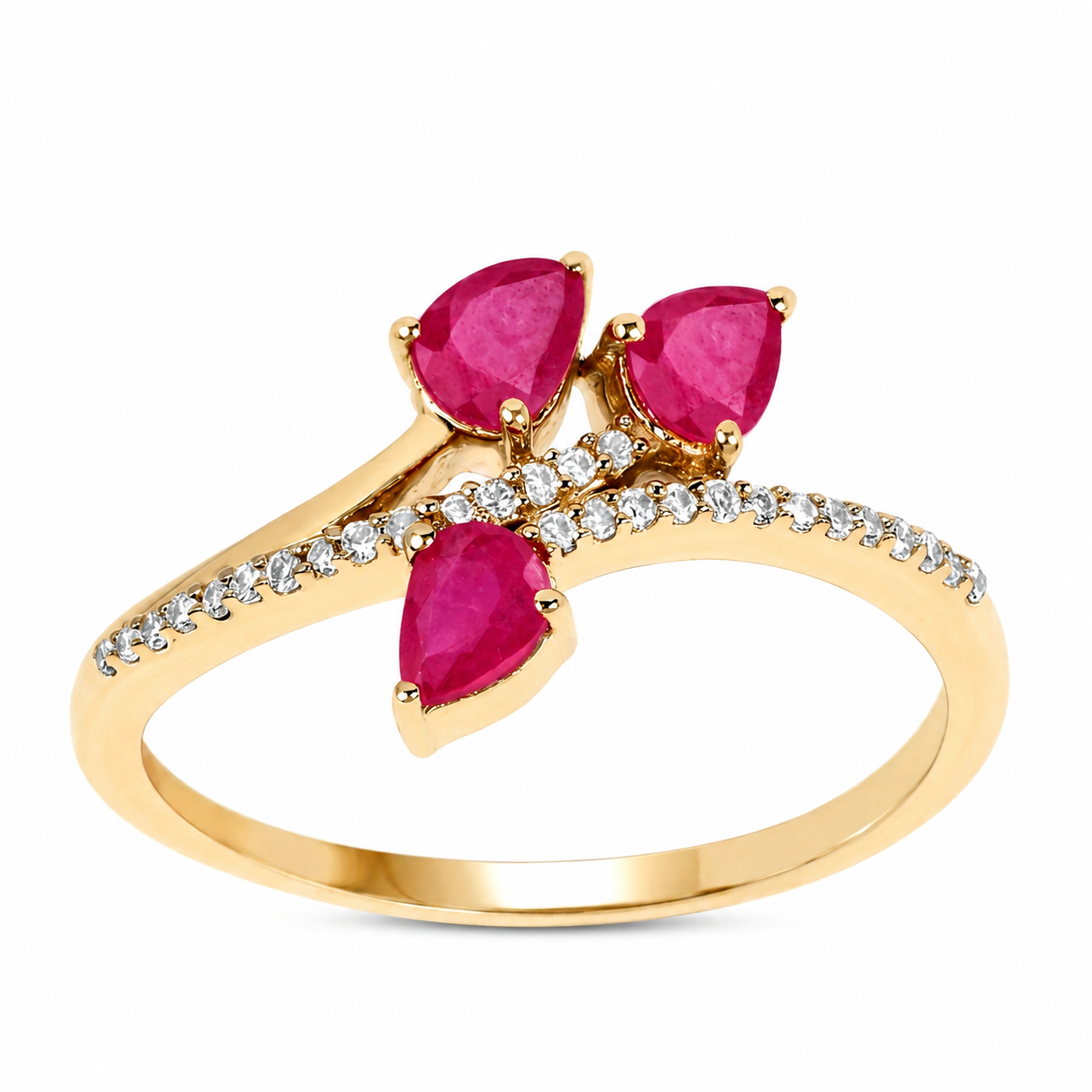0.60 Ct Pear Pink Ruby & Diamond Prong 14K Yellow Gold Pave Bypass Three Stone Ring