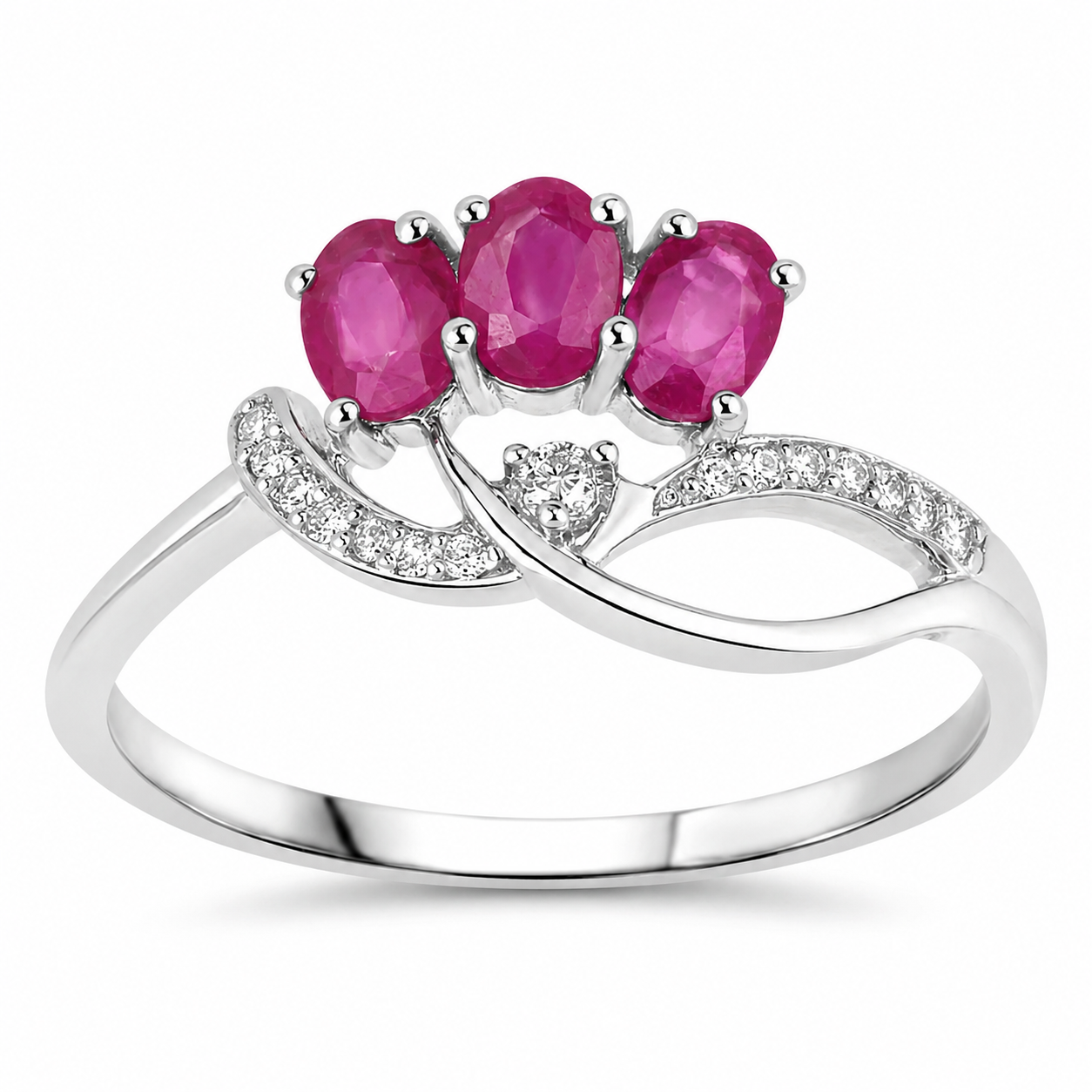 0.66 Ct Oval Pink Ruby & Diamond Prong 14K White Gold Pave Three Stone Knot Ring