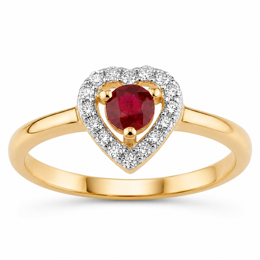 0.13 Ct Round Pink Ruby & Diamond Prong 14K Yellow Gold Halo Heart Ring