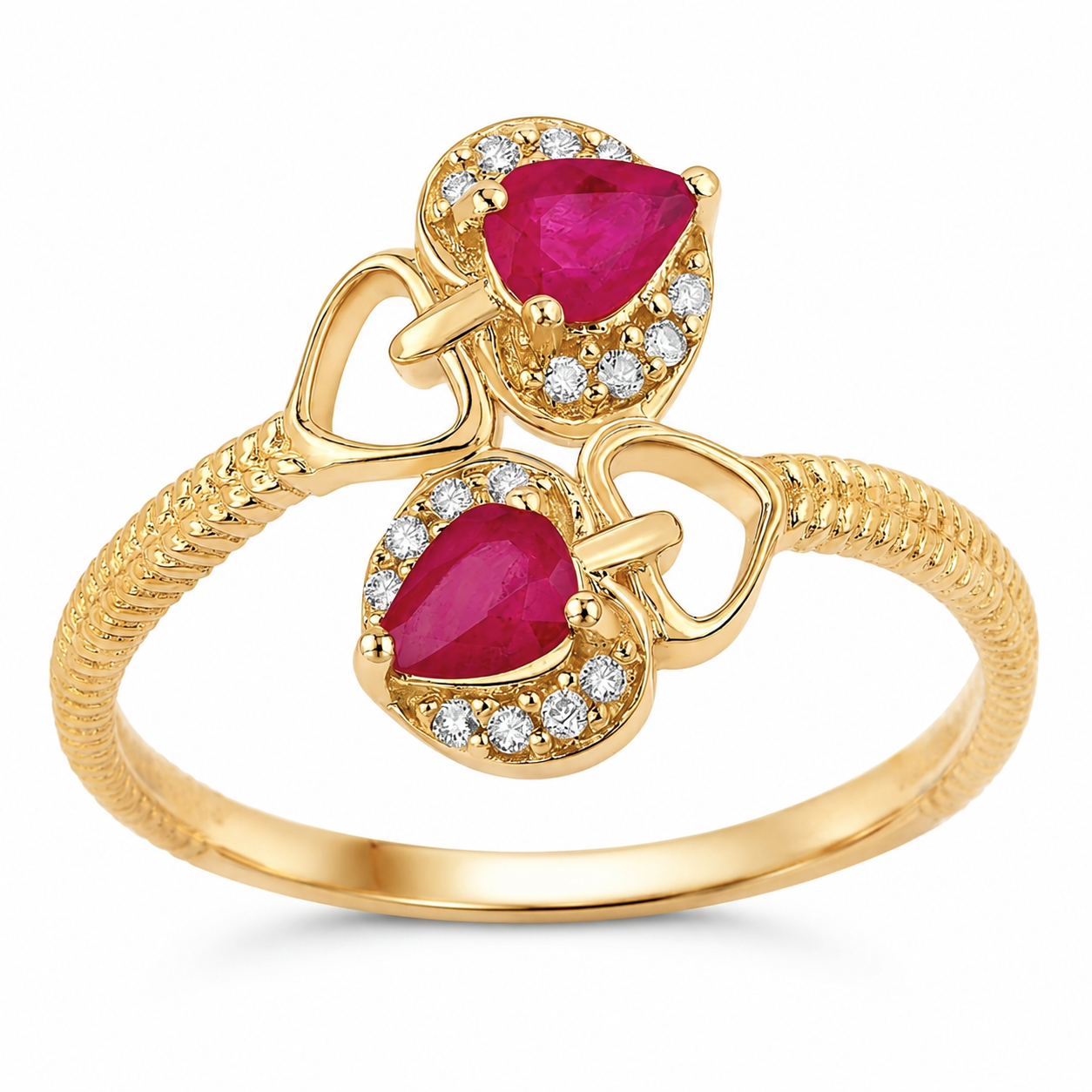 0.40 Ct Pear Pink Mozambique Ruby & Diamond Prong 14K Yellow Gold Halo Heart Bypass Ring