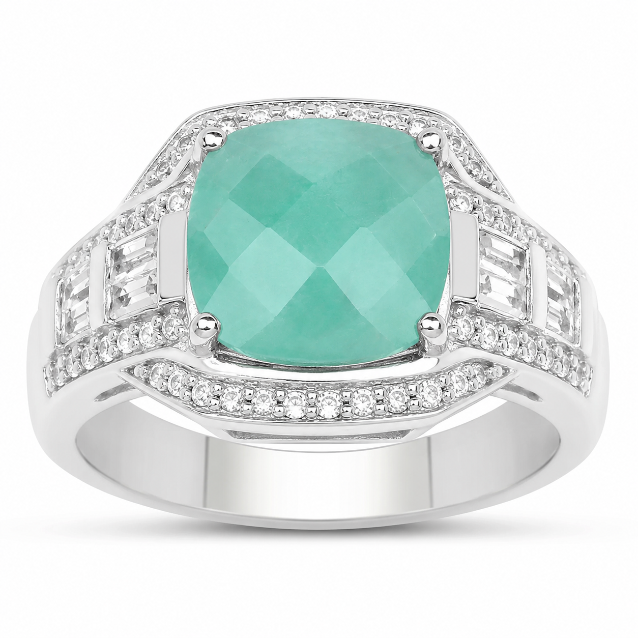 4.09 Ct Cushion Green Emerald Prong Silver Halo Pave Statement Ring