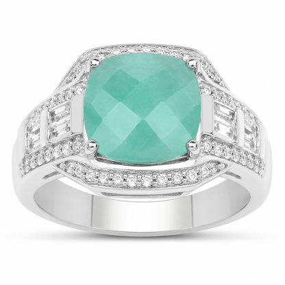 4.09 Ct Cushion Green Emerald Prong Silver Halo Pave Statement Ring