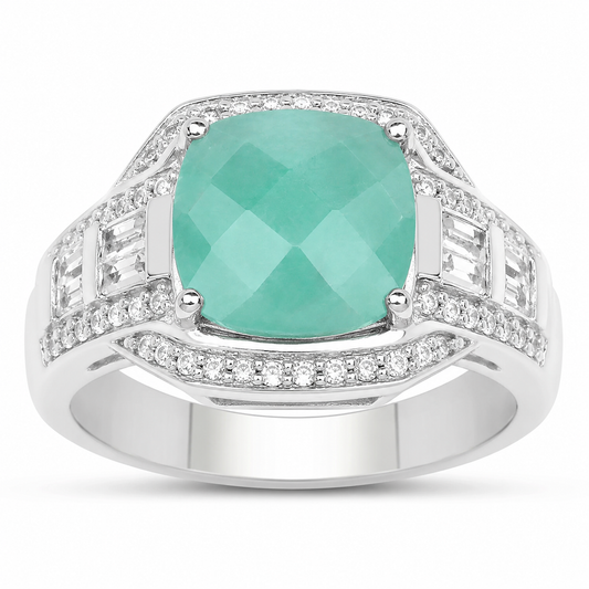 4.09 Ct Cushion Green Emerald Prong Silver Halo Pave Statement Ring