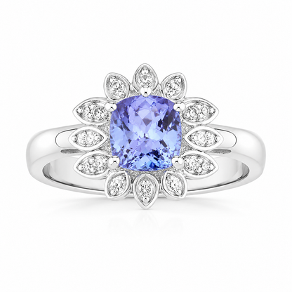 0.59 Ct Cushion Violet Tanzanite & Created White Sapphire Prong Silver Flower Halo Ring