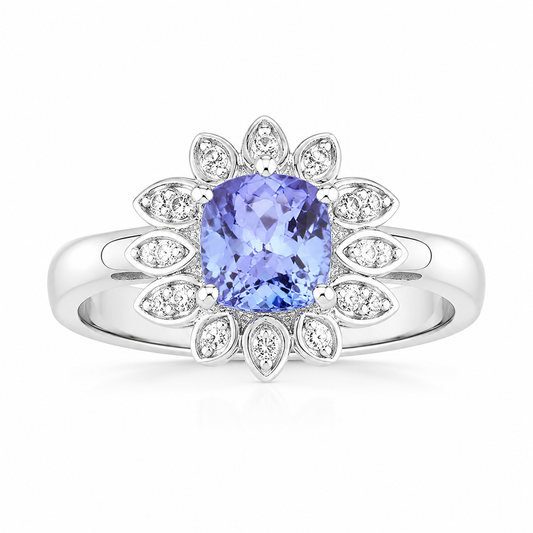 0.59 Ct Cushion Violet Tanzanite & Created White Sapphire Prong Silver Flower Halo Ring