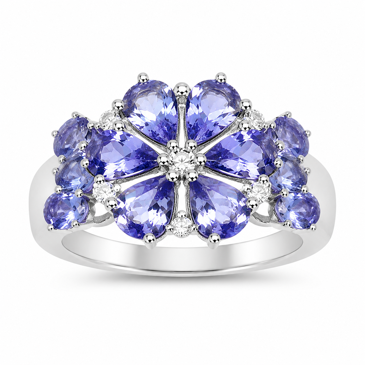 3.36 Ct Pear & Oval Violet Tanzanite Prong Rhodium Plated Silver Floral Cluster Ring