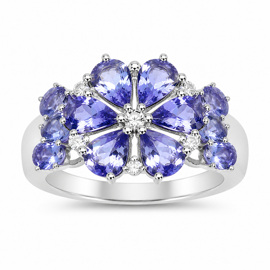 3.36 Ct Pear & Oval Violet Tanzanite Prong Rhodium Plated Silver Floral Cluster Ring