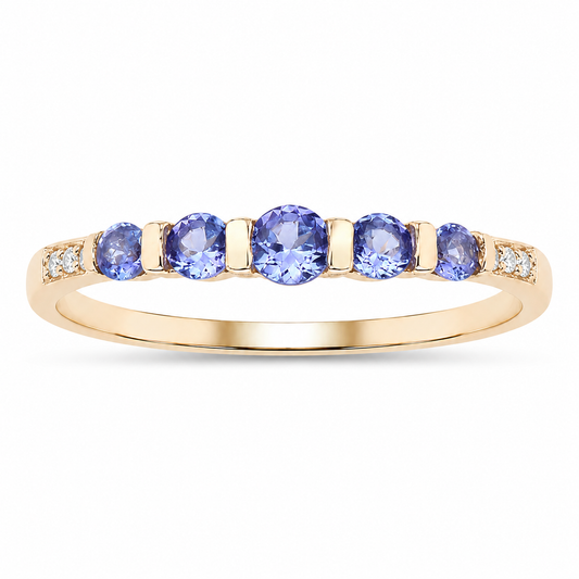 0.34 Ct Round Violet Tanzanite Diamond Pave 10K Gold Five Stone Graduated Ring