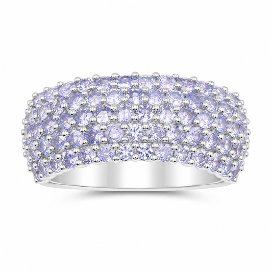 2.07 Ct Round Violet Tanzanite Prong Silver Pave Multi-Row Band Cluster Ring