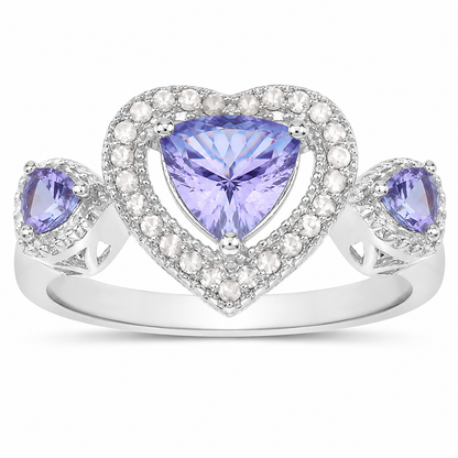 0.95 Ct Heart Violet Tanzanite & Diamond Prong Silver Halo Three Stone Ring
