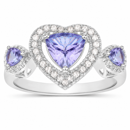 0.95 Ct Heart Violet Tanzanite & Diamond Prong Silver Halo Three Stone Ring