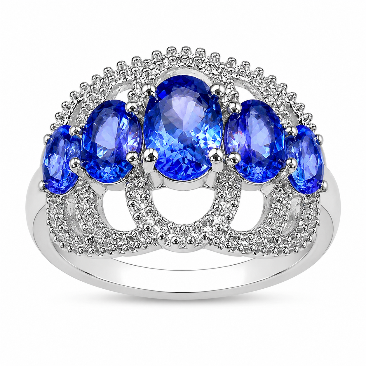 2.13 Ct Oval Violet Tanzanite Prong Silver Pave Five Stone Crown Style Ring
