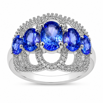 2.13 Ct Oval Violet Tanzanite Prong Silver Pave Five Stone Crown Style Ring