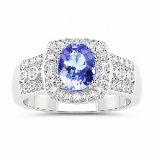 1.42 Ct Oval Violet Tanzanite Prong Silver Pave Halo Statement Ring