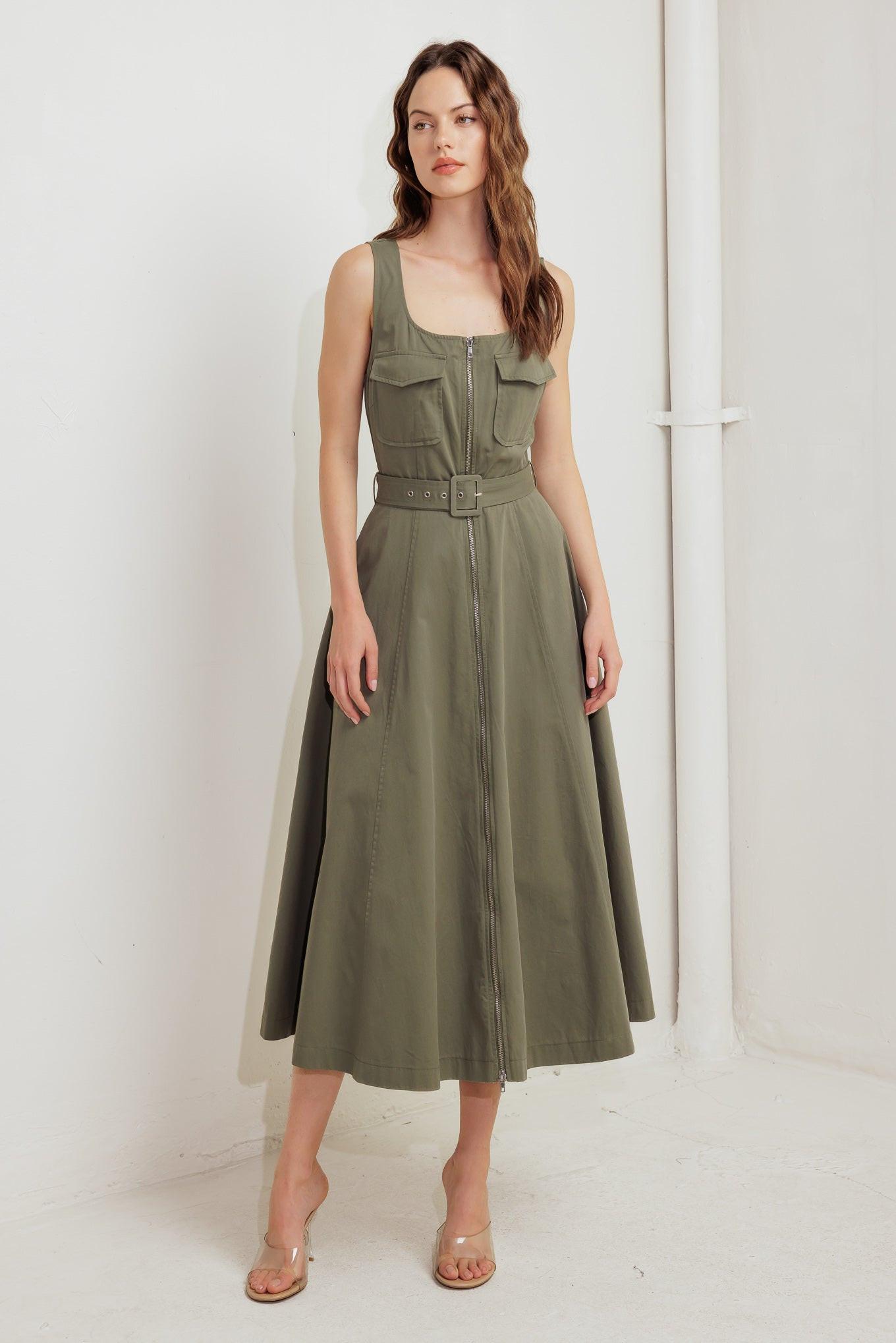 Olive Grove Woven Midi Dress