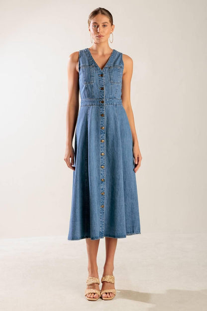 The Journey Begins Blue Denim Midi Dress
