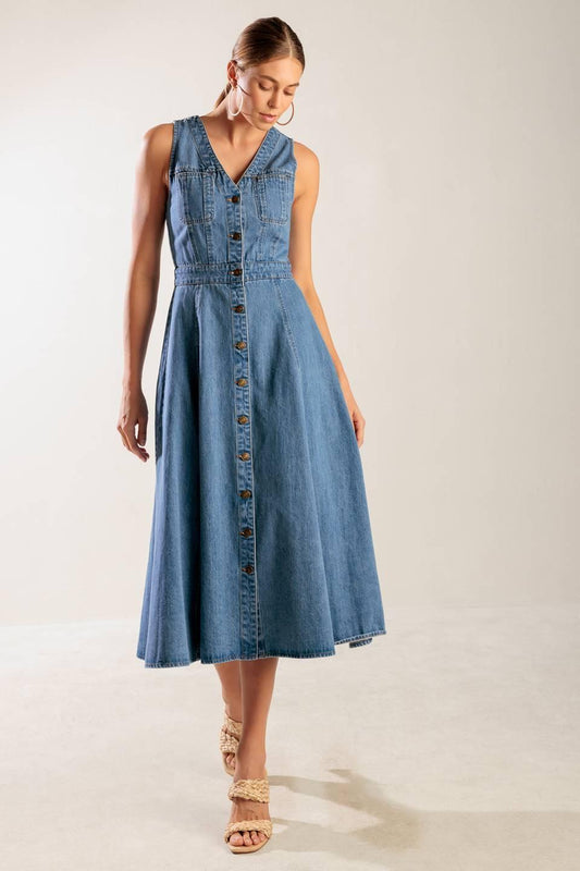 The Journey Begins Blue Denim Midi Dress