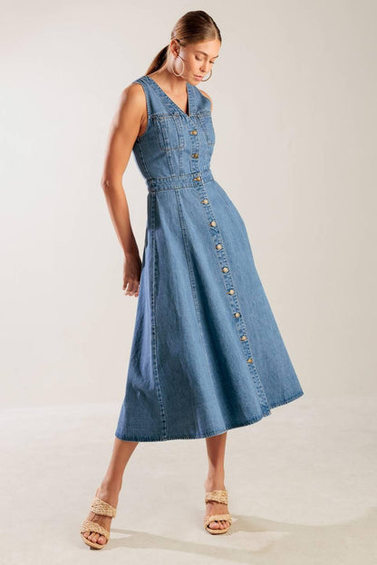 The Journey Begins Blue Denim Midi Dress