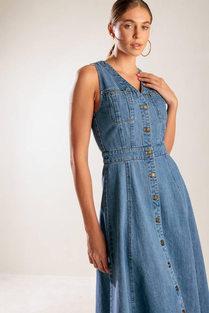 The Journey Begins Blue Denim Midi Dress