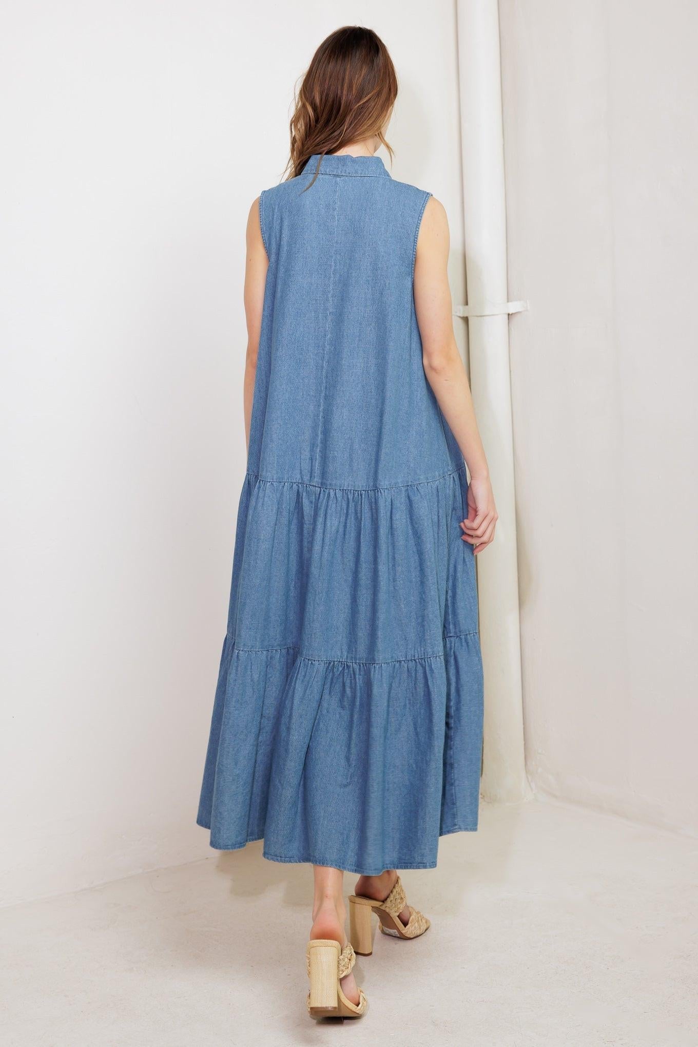 Petals Falling Slowly Denim Midi Dress