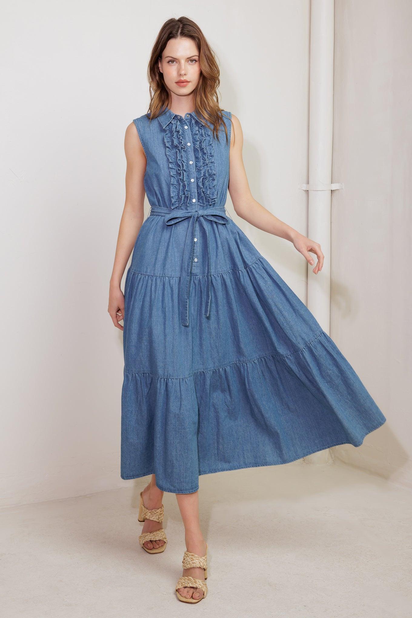 Petals Falling Slowly Denim Midi Dress