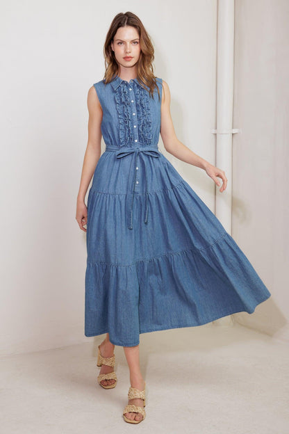 Petals Falling Slowly Denim Midi Dress