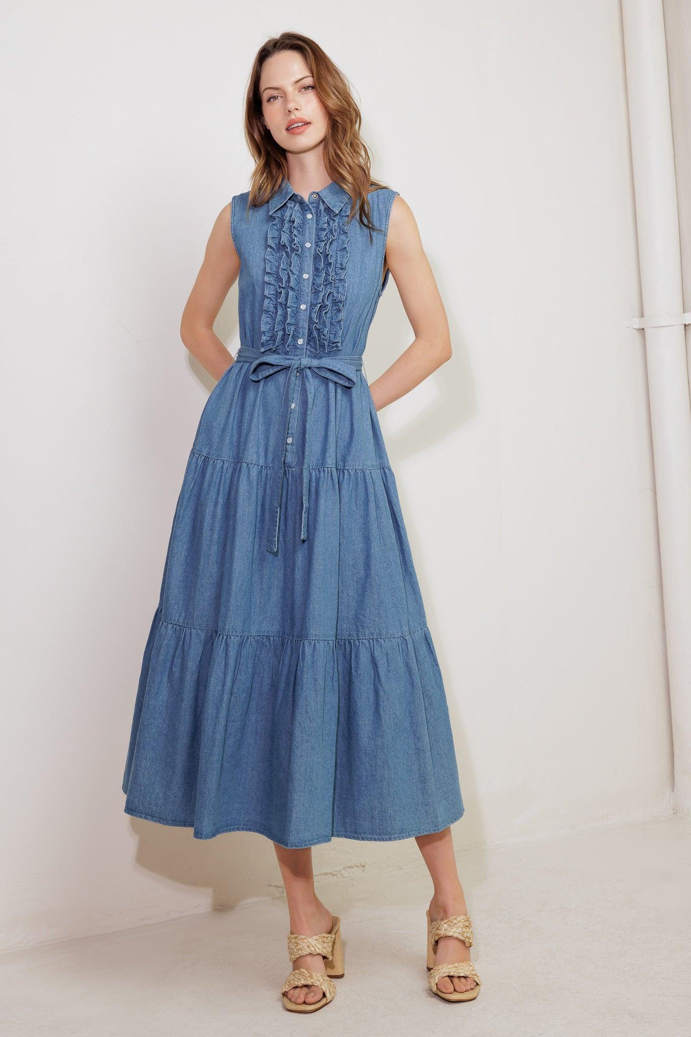 Petals Falling Slowly Denim Midi Dress