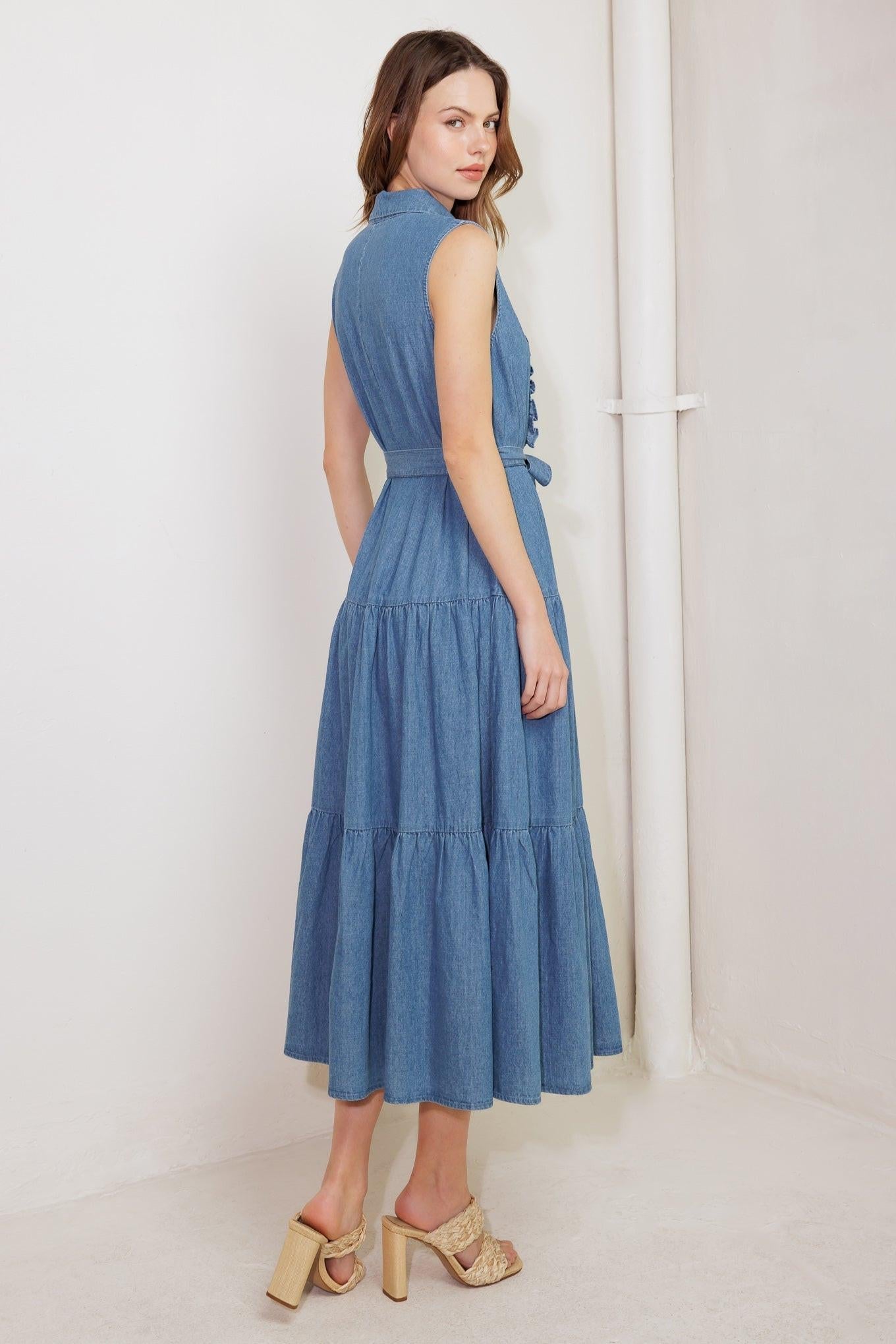 Petals Falling Slowly Denim Midi Dress