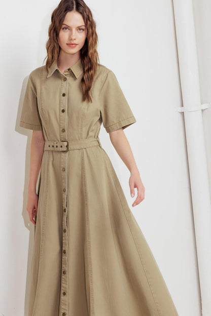 TERRACOTTA TRAIL WOVEN MIDI DRESS, KHAKI / M