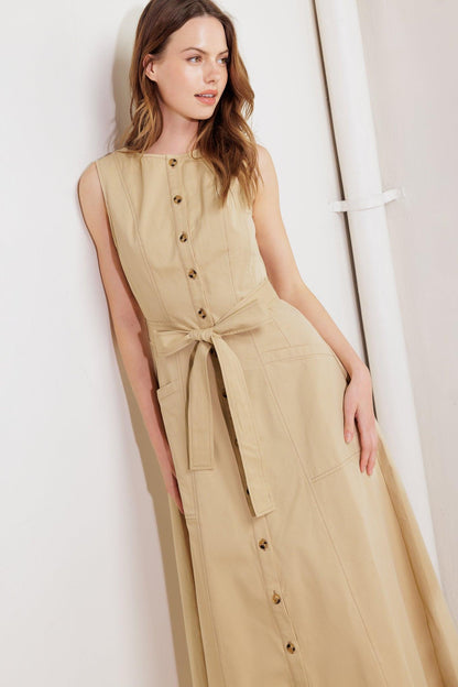 Nature’s Gentle Song Beige Woven Midi Dress