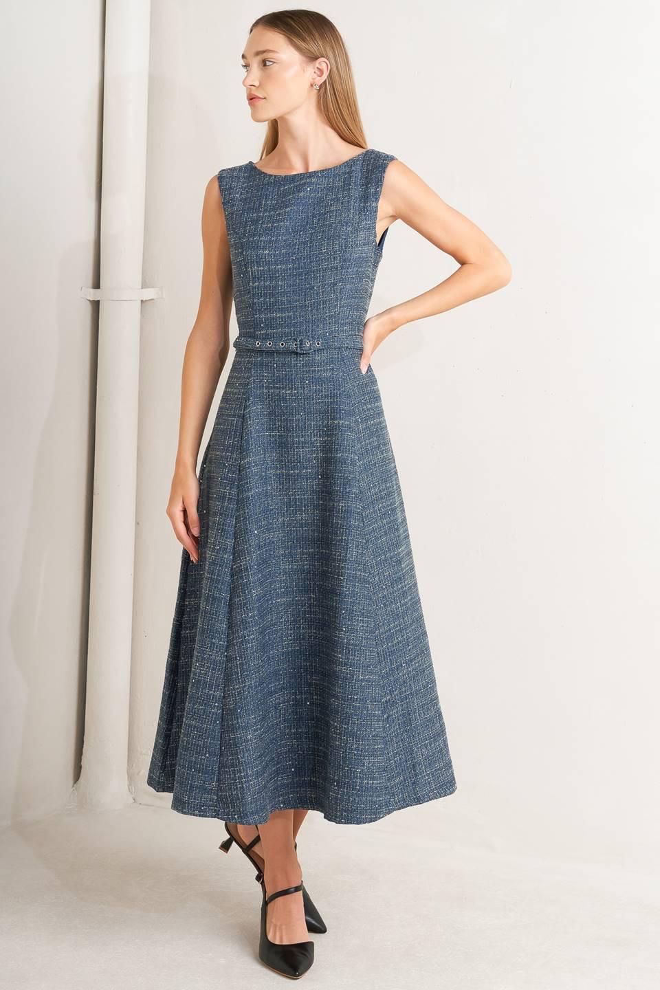 Vintage Vibe Bouclé Woven Tweed Midi Dress