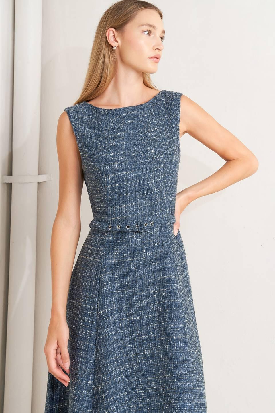 Vintage Vibe Bouclé Woven Tweed Midi Dress